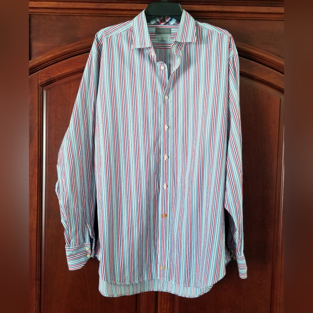 Thomas Dean Red White and Blue Striped Button Up Dress Shirt Size XL